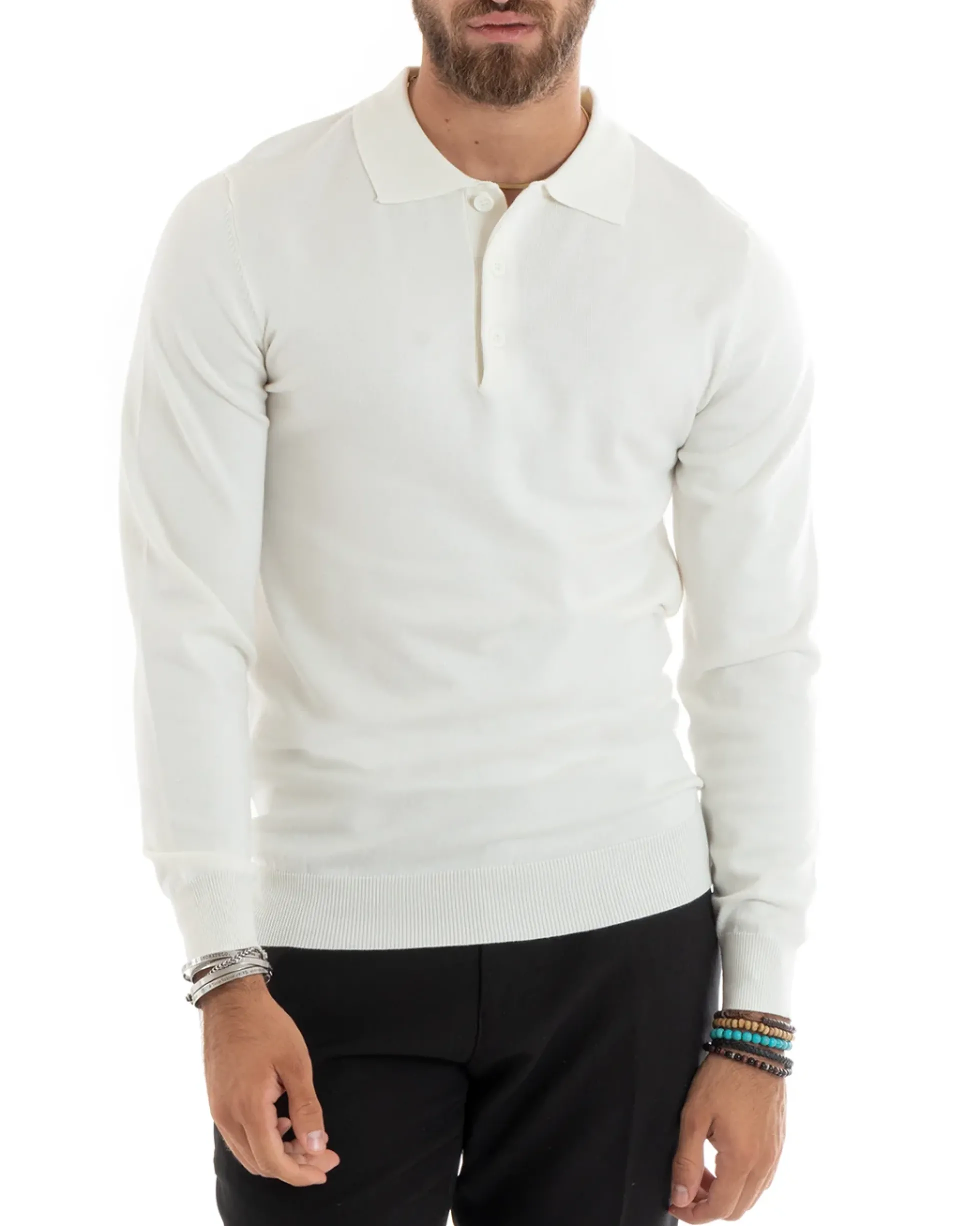 Maglioncino Uomo Casual Maglia Con Colletto Polo Basic Bianco M2683A