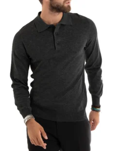 Maglioncino Uomo Casual Maglia Con Colletto Polo Basic Grigio Scuro M3003A