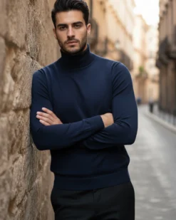 Maglioncino Uomo Collo Alto Maglia Rasata Dolcevita Basic Blu M2537A