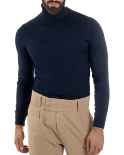 Maglioncino Uomo Collo Alto Maglia Rasata Dolcevita Basic Blu M2537A