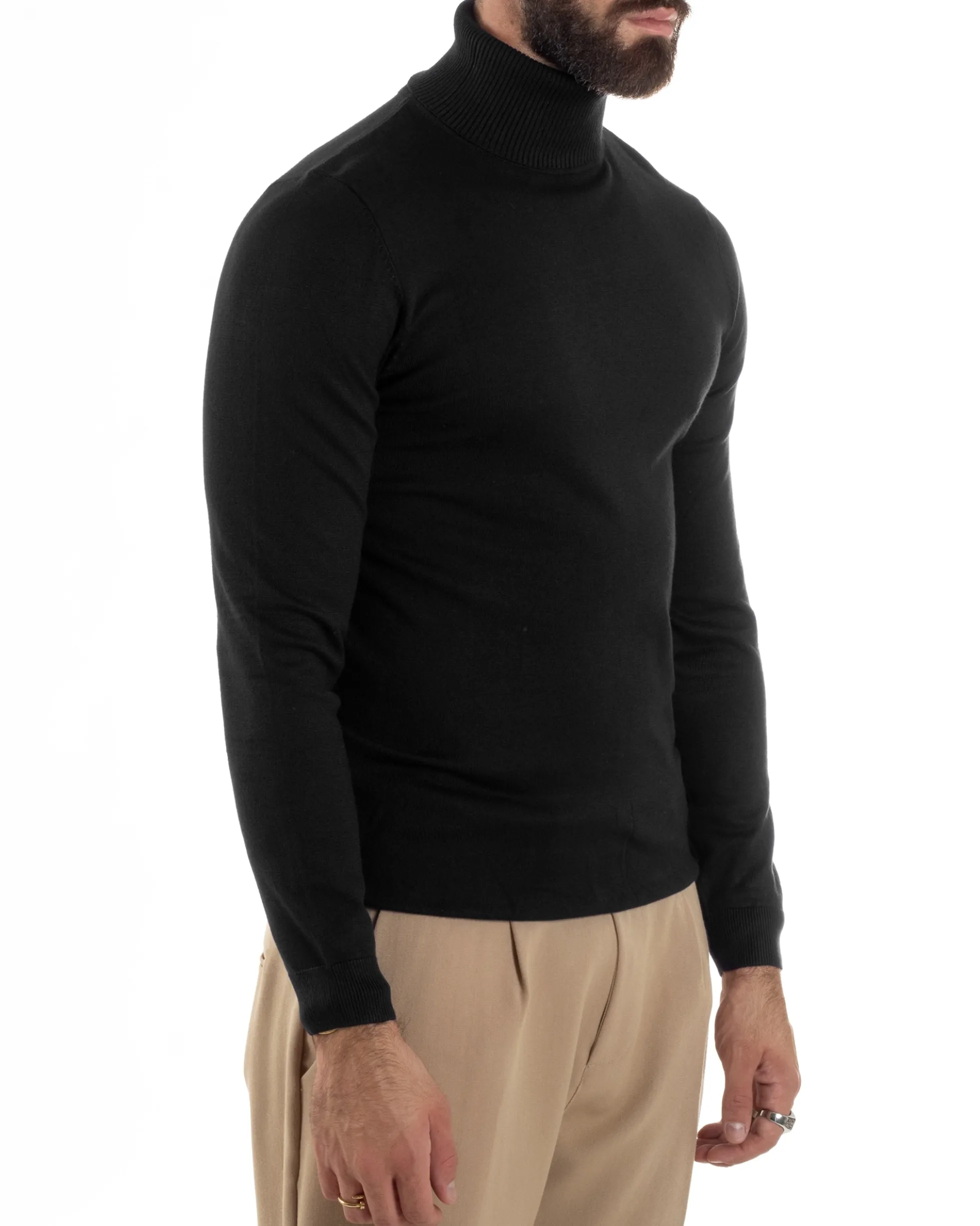 Maglioncino Uomo Collo Alto Maglia Rasata Dolcevita Basic Nero M2538A