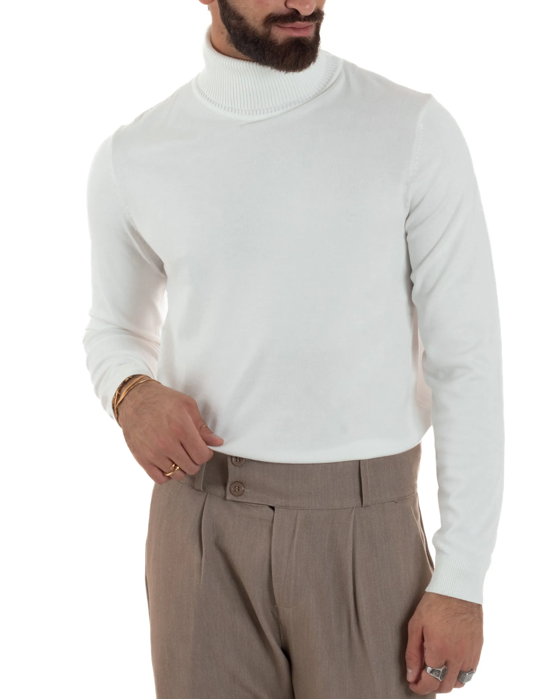 Maglioncino Uomo Collo Alto Maglia Rasata Dolcevita Basic Bianco M2550A
