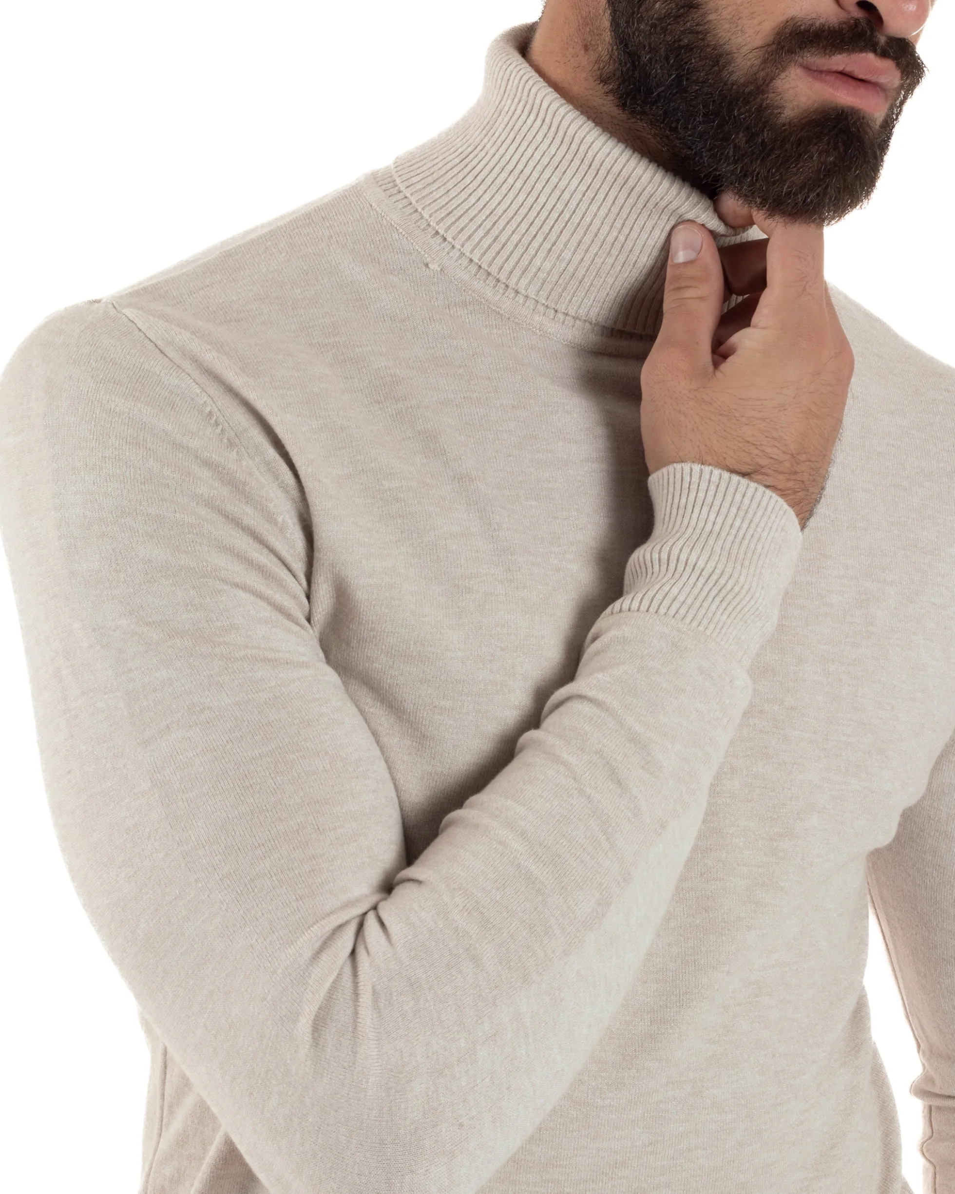 Maglioncino Uomo Collo Alto Maglia Rasata Dolcevita Basic Beige Melangiato M2542A