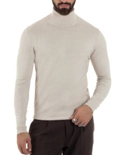 Maglioncino Uomo Collo Alto Maglia Rasata Dolcevita Basic Beige Melangiato M2542A