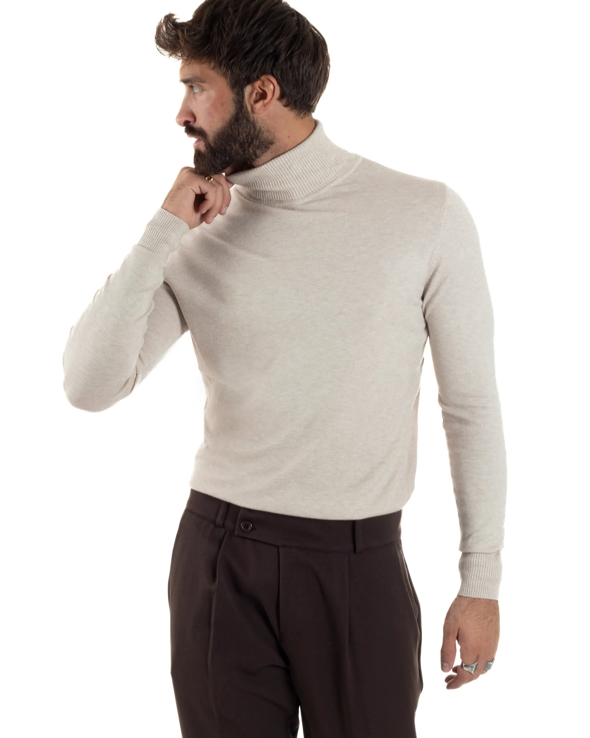 Maglioncino Uomo Collo Alto Maglia Rasata Dolcevita Basic Beige Melangiato M2542A