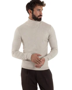 Maglioncino Uomo Collo Alto Maglia Rasata Dolcevita Basic Beige Melangiato M2542A