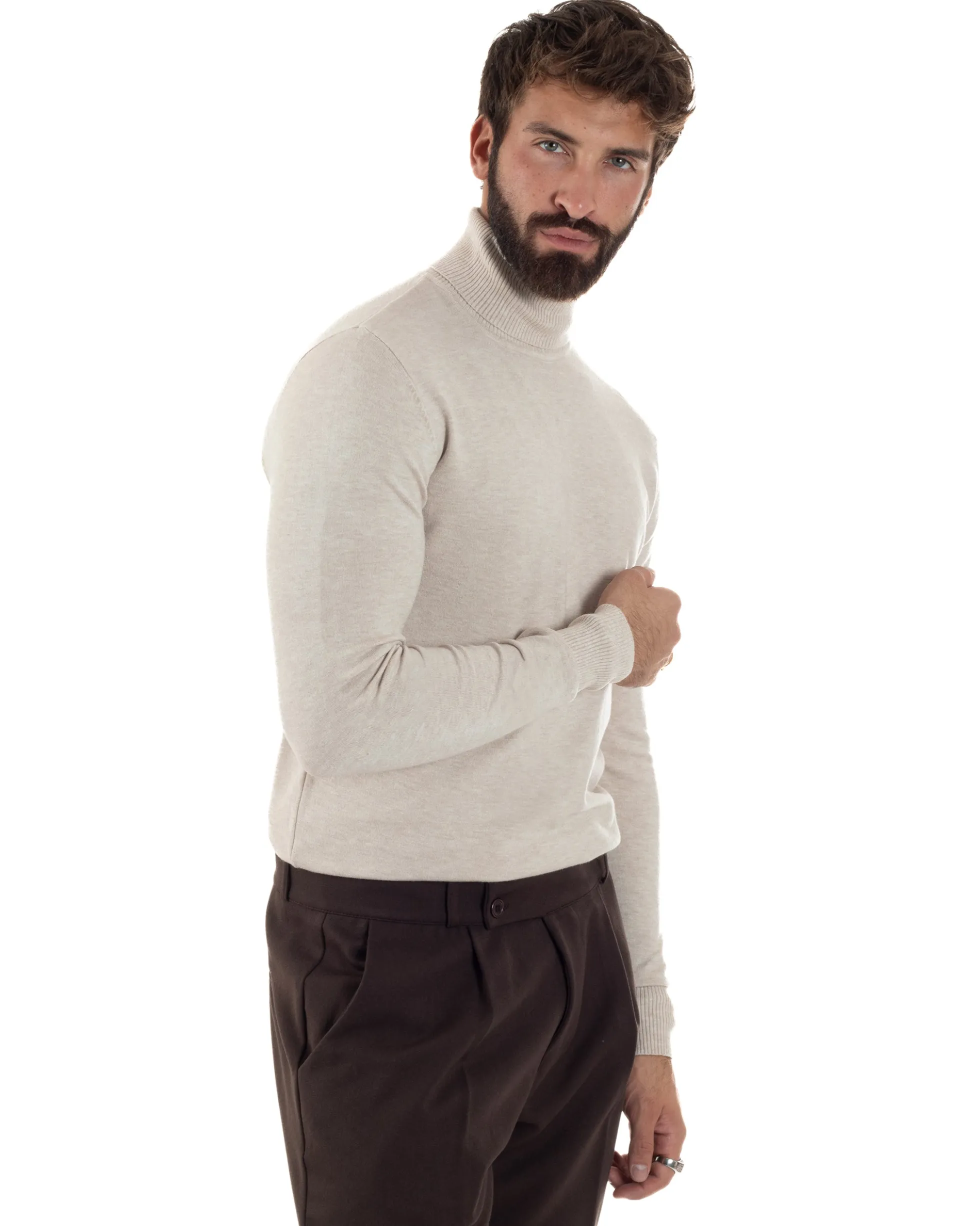 Maglioncino Uomo Collo Alto Maglia Rasata Dolcevita Basic Beige Melangiato M2542A