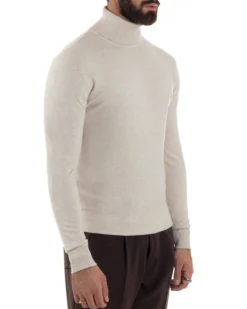 Maglioncino Uomo Collo Alto Maglia Rasata Dolcevita Basic Beige Melangiato M2542A