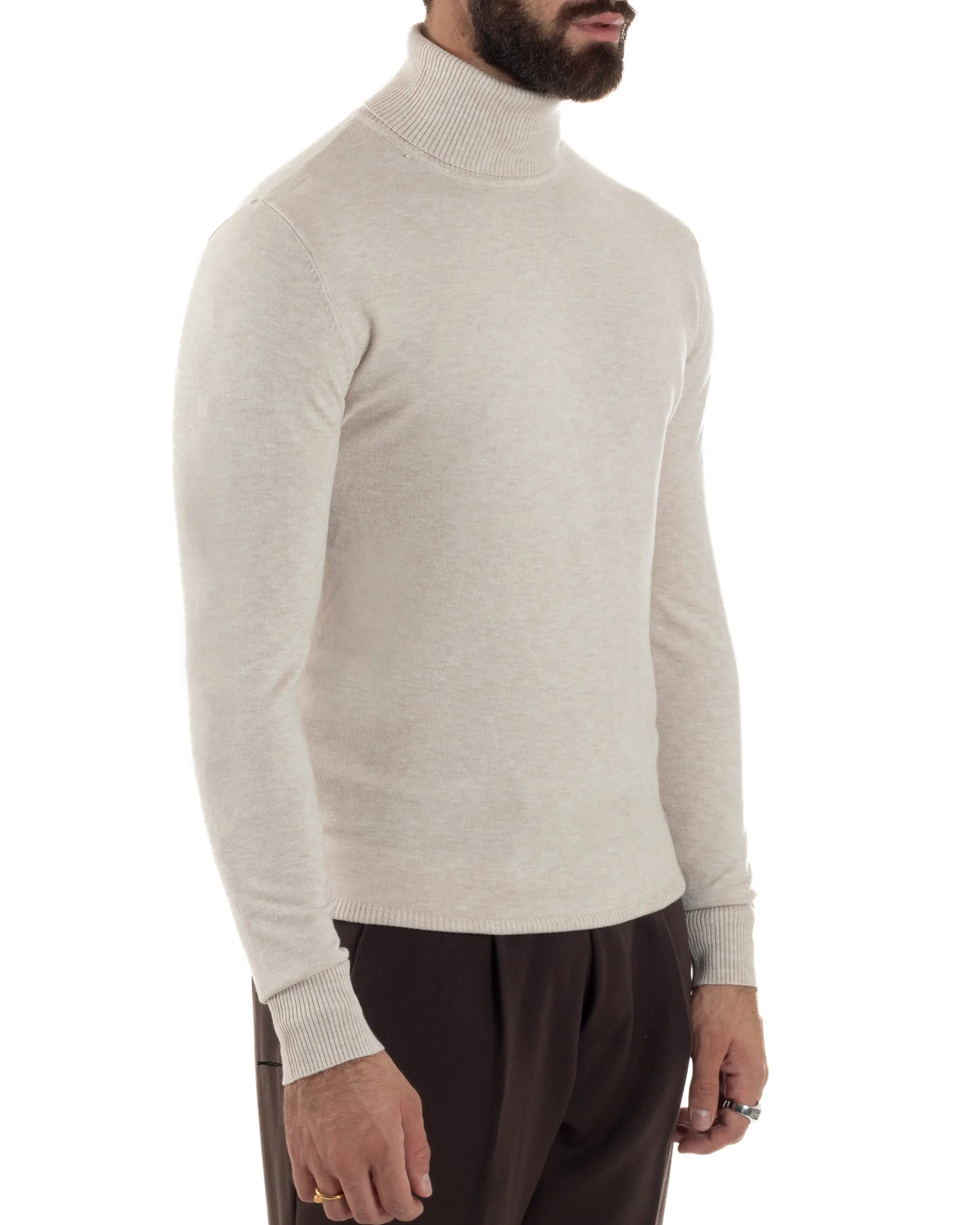 Maglioncino Uomo Collo Alto Maglia Rasata Dolcevita Basic Beige Melangiato M2542A