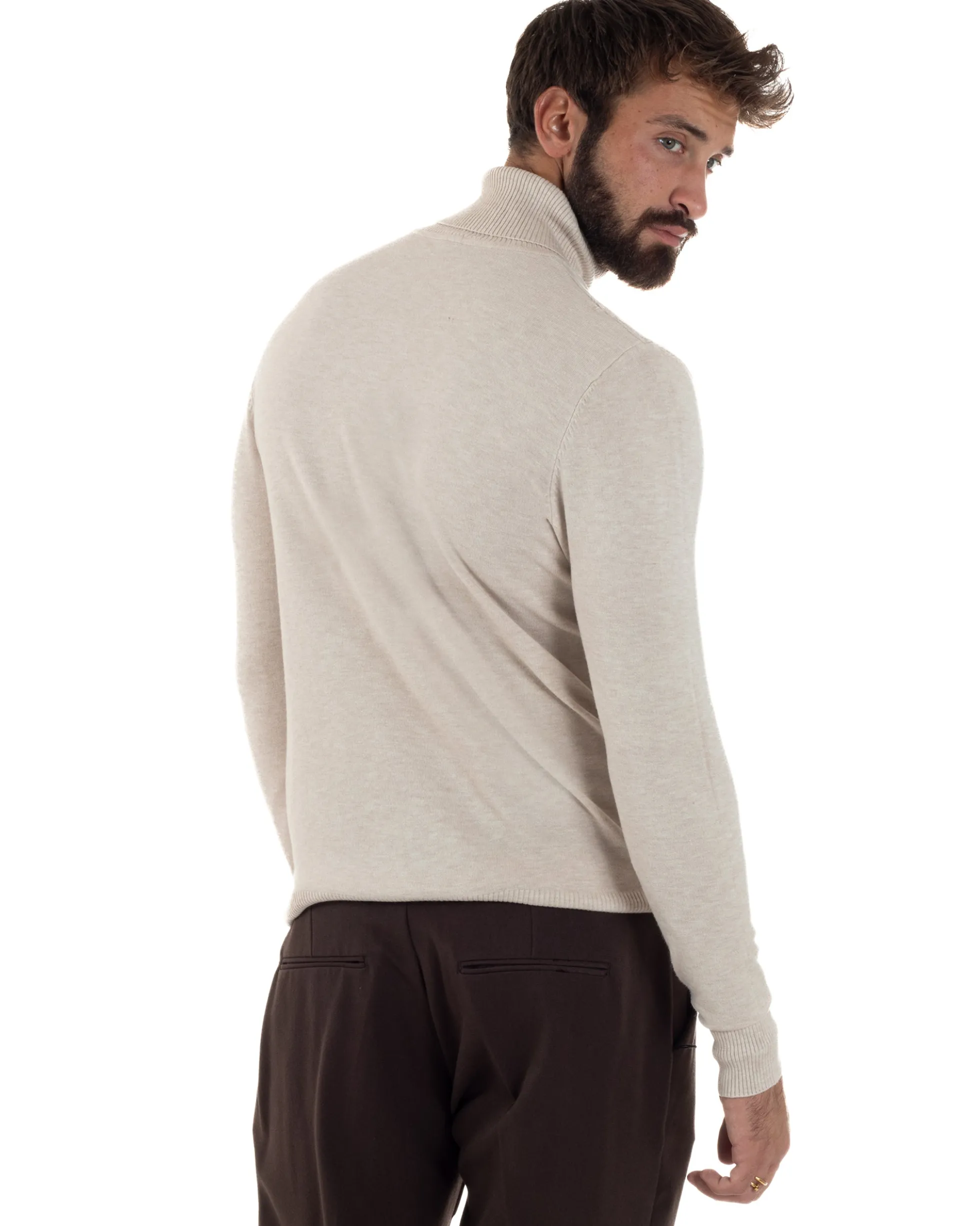 Maglioncino Uomo Collo Alto Maglia Rasata Dolcevita Basic Beige Melangiato M2542A