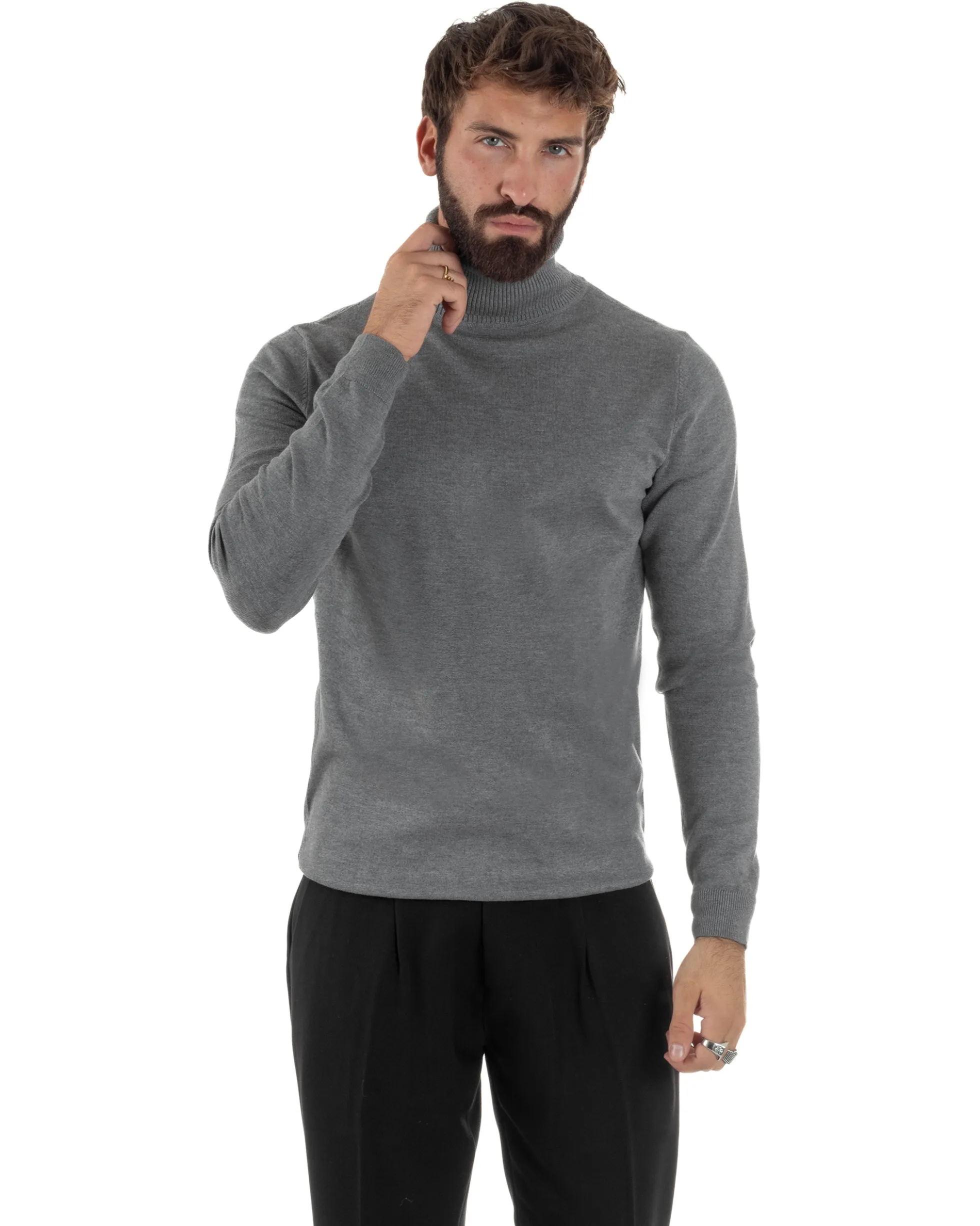 Maglioncino Uomo Collo Alto Maglia Rasata Dolcevita Basic Grigio M2539A