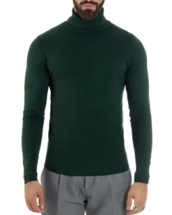 Maglioncino Uomo Collo Alto Maglia Rasata Dolcevita Basic Verde Bottiglia M2548A