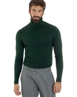 Maglioncino Uomo Collo Alto Maglia Rasata Dolcevita Basic Verde Bottiglia M2548A