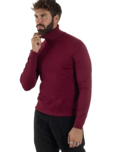 Maglioncino Uomo Collo Alto Maglia Rasata Dolcevita Basic Prugna M2545A