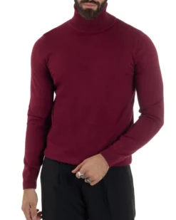 Maglioncino Uomo Collo Alto Maglia Rasata Dolcevita Basic Prugna M2545A