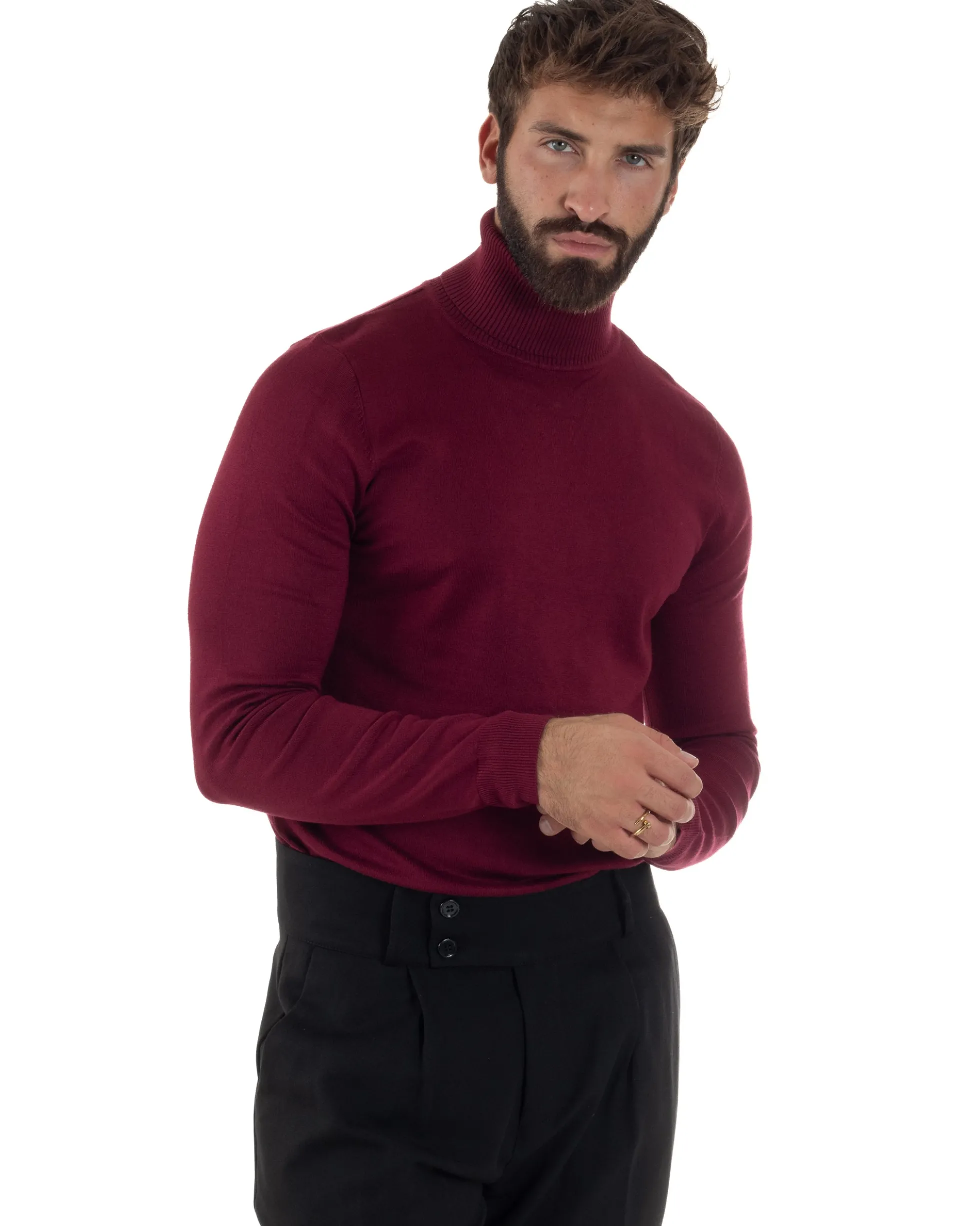 Maglioncino Uomo Collo Alto Maglia Rasata Dolcevita Basic Prugna M2545A
