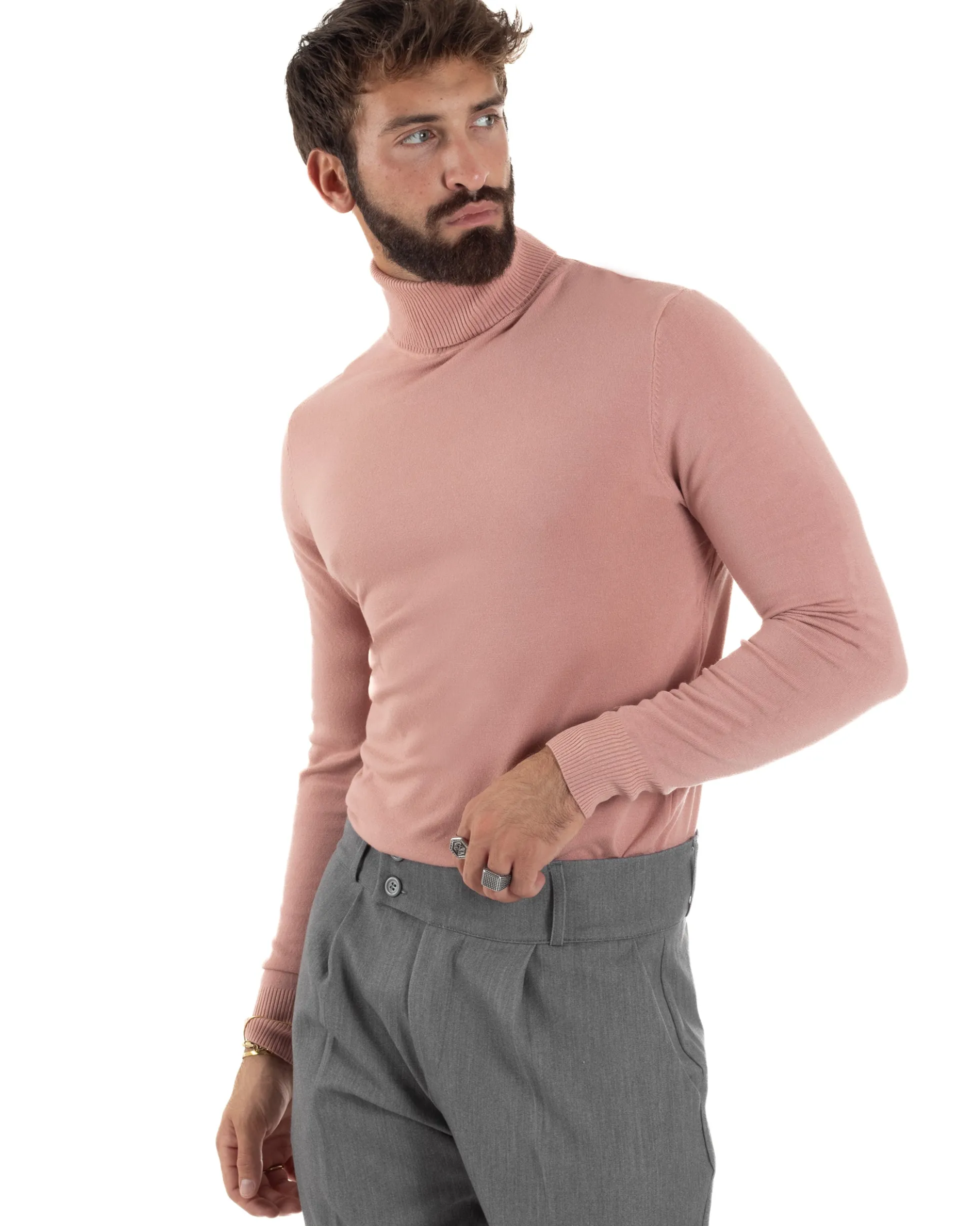 Maglioncino Uomo Collo Alto Maglia Rasata Dolcevita Basic Rosa M2557A