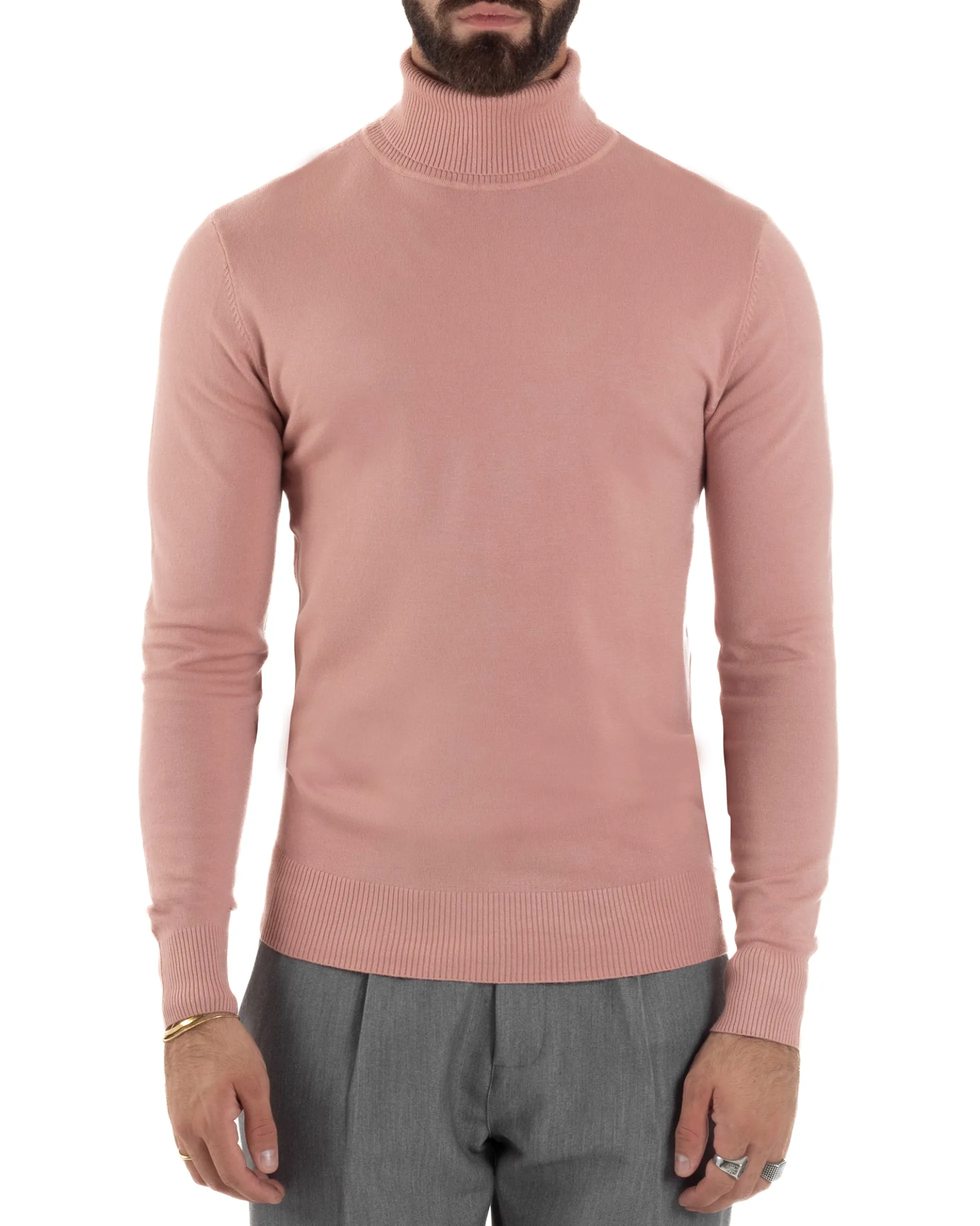 Maglioncino Uomo Collo Alto Maglia Rasata Dolcevita Basic Rosa M2557A