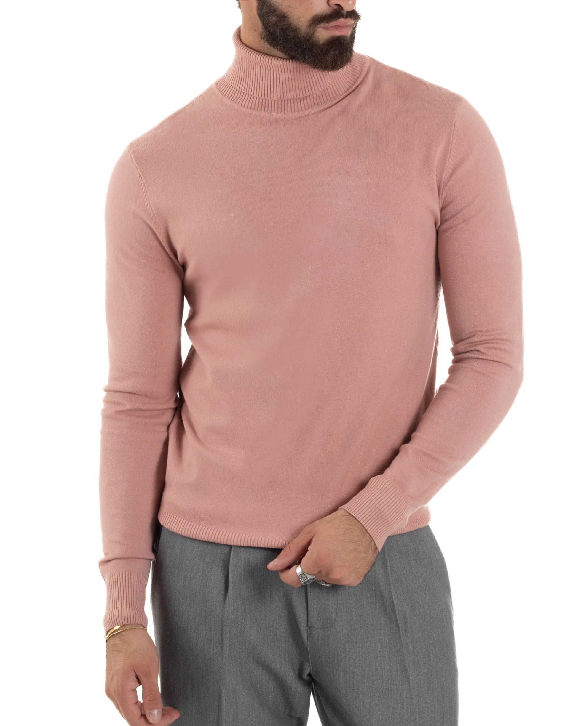 Maglioncino Uomo Collo Alto Maglia Rasata Dolcevita Basic Rosa M2557A