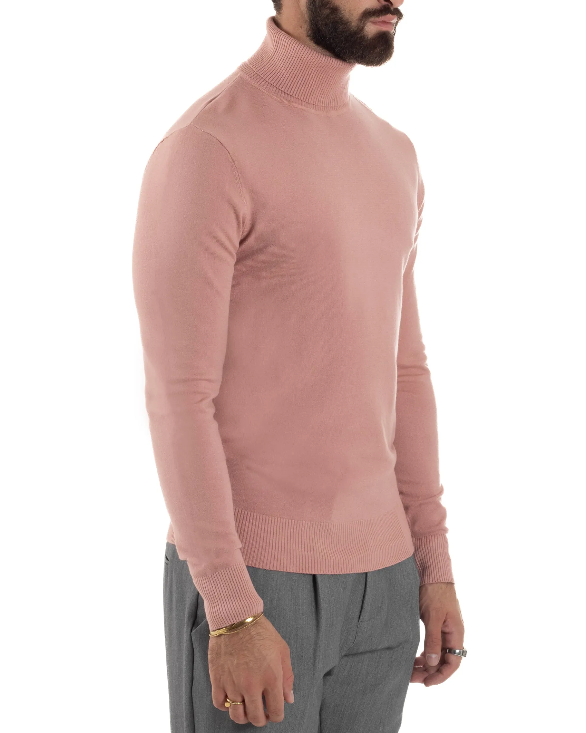 Maglioncino Uomo Collo Alto Maglia Rasata Dolcevita Basic Rosa M2557A