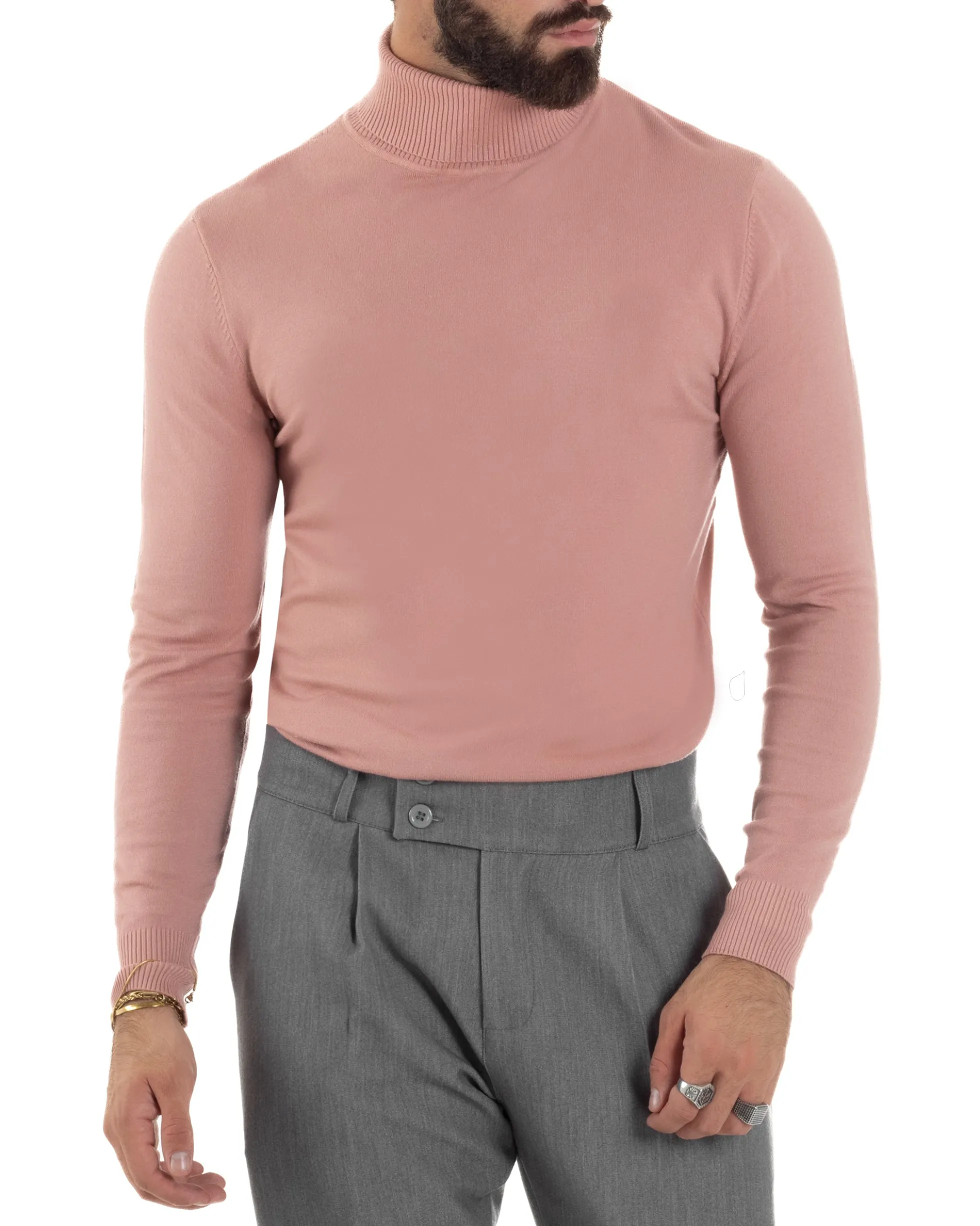 Maglioncino Uomo Collo Alto Maglia Rasata Dolcevita Basic Rosa M2557A