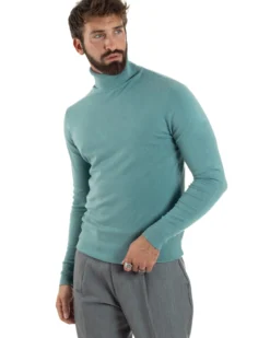Maglioncino Uomo Collo Alto Maglia Rasata Dolcevita Basic Petrolio M2534A
