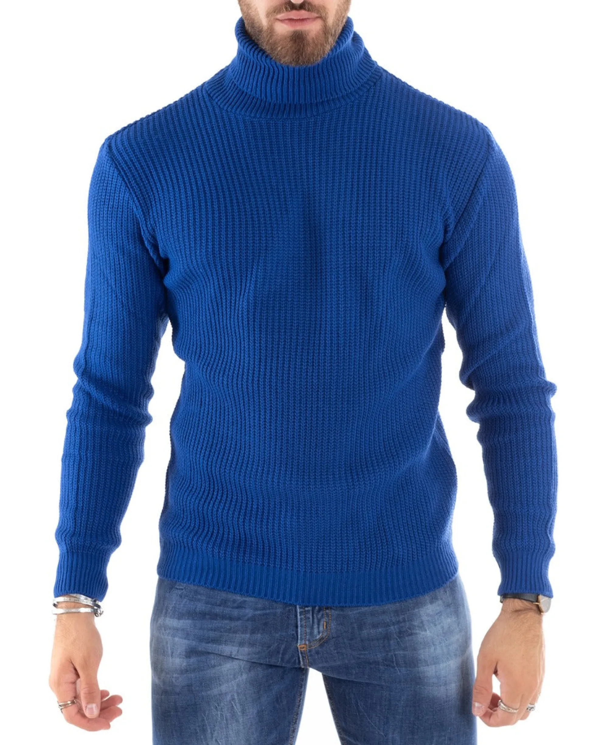 Maglioncino Uomo Collo Alto Maglia Inglese Dolcevita Basic Blu Royal M2343A
