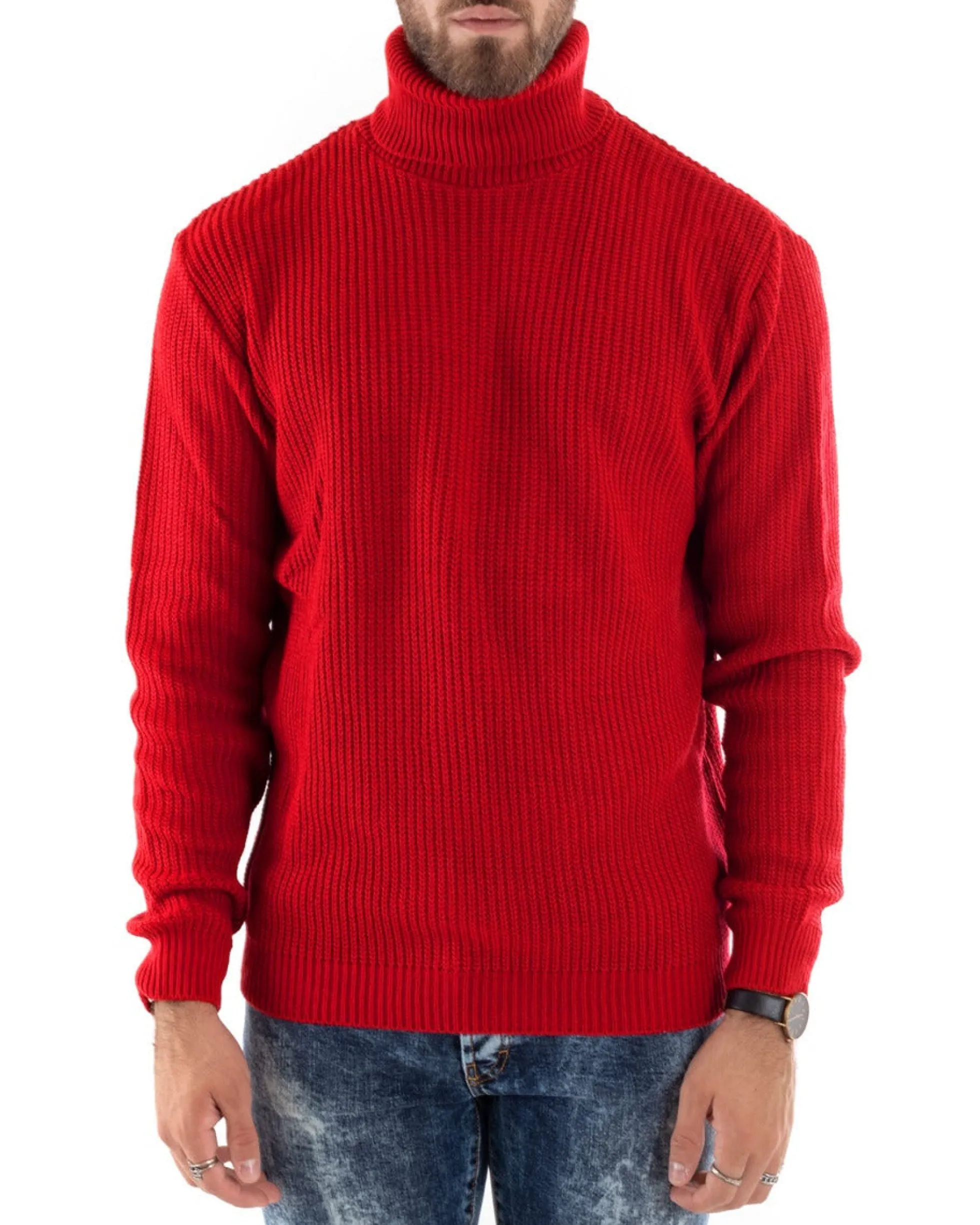 Maglioncino Uomo Collo Alto Maglia Inglese Dolcevita Basic Rosso M2599A