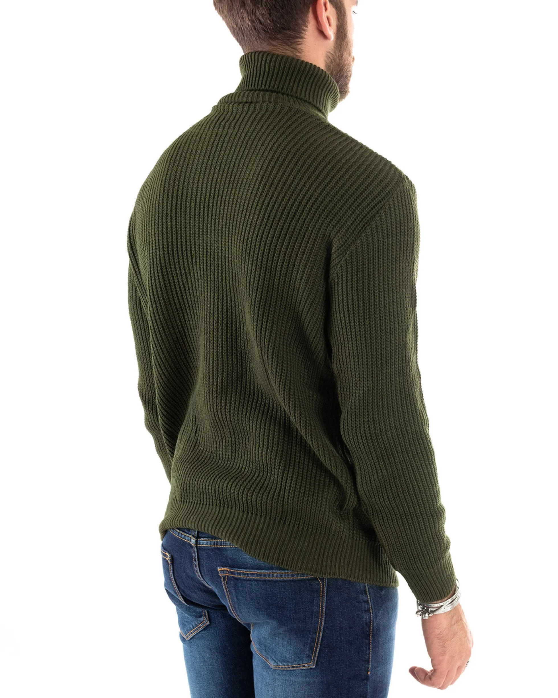 Maglioncino Uomo Collo Alto Maglia Inglese Dolcevita Basic Verde Militare M2355A