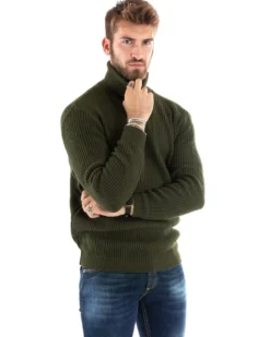 Maglioncino Uomo Collo Alto Maglia Inglese Dolcevita Basic Verde Militare M2355A