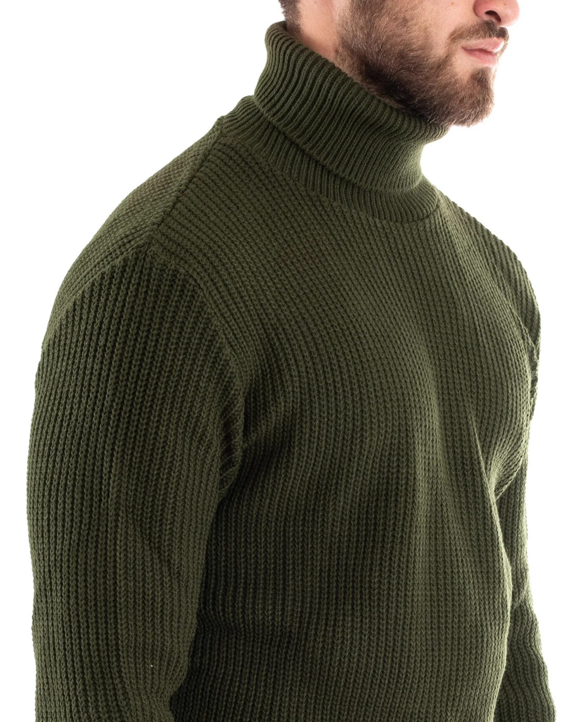 Maglioncino Uomo Collo Alto Maglia Inglese Dolcevita Basic Verde Militare M2355A