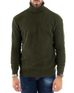 Maglioncino Uomo Collo Alto Maglia Inglese Dolcevita Basic Verde Militare M2355A