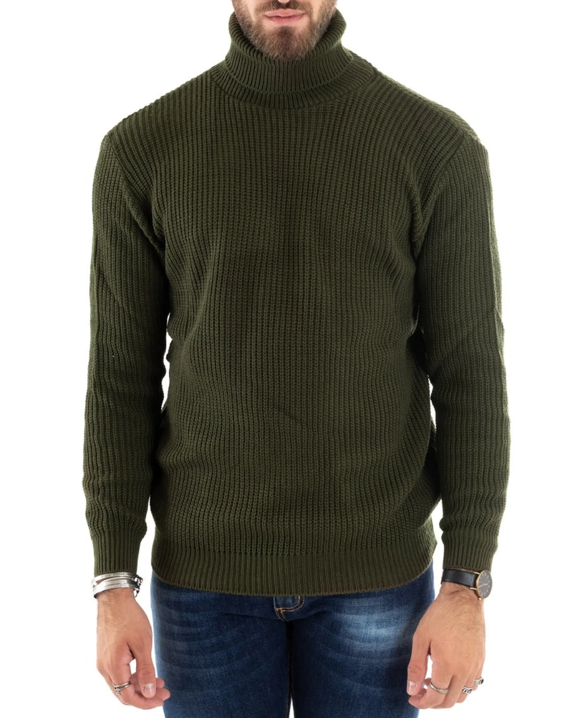 Maglioncino Uomo Collo Alto Maglia Inglese Dolcevita Basic Verde Militare M2355A