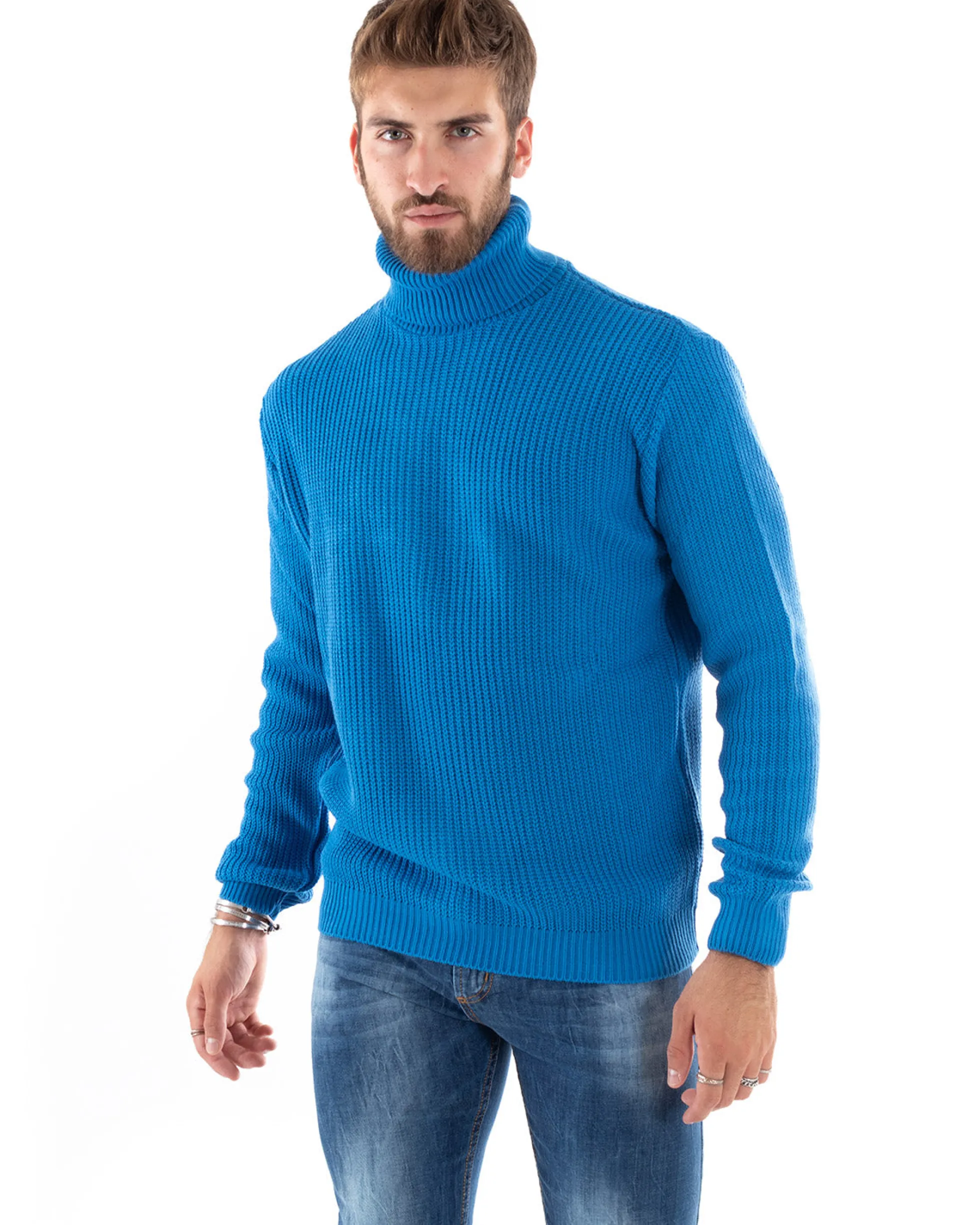 Maglioncino Uomo Collo Alto Maglia Inglese Dolcevita Basic Azzurro M2351A