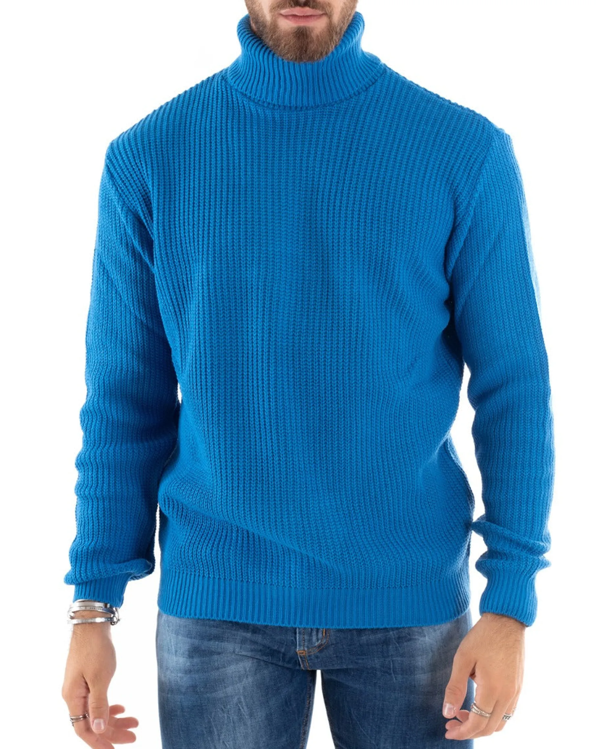 Maglioncino Uomo Collo Alto Maglia Inglese Dolcevita Basic Azzurro M2351A