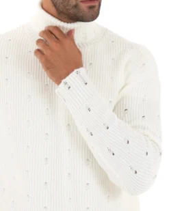 Maglioncino Uomo Collo Alto Tinta Unita Bianco Maglia Dolcevita Con Rotture GIOSAL-M2291A