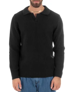 Maglioncino Uomo Con Colletto Maglia Inglese Scollo V Polo Derby Casual Basic Tinta Unita Nero GIOSAL-M2889A