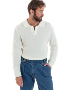Maglioncino Uomo Con Colletto Maglia Inglese Scollo V Polo Derby Casual Basic Tinta Unita Panna GIOSAL-M2888A