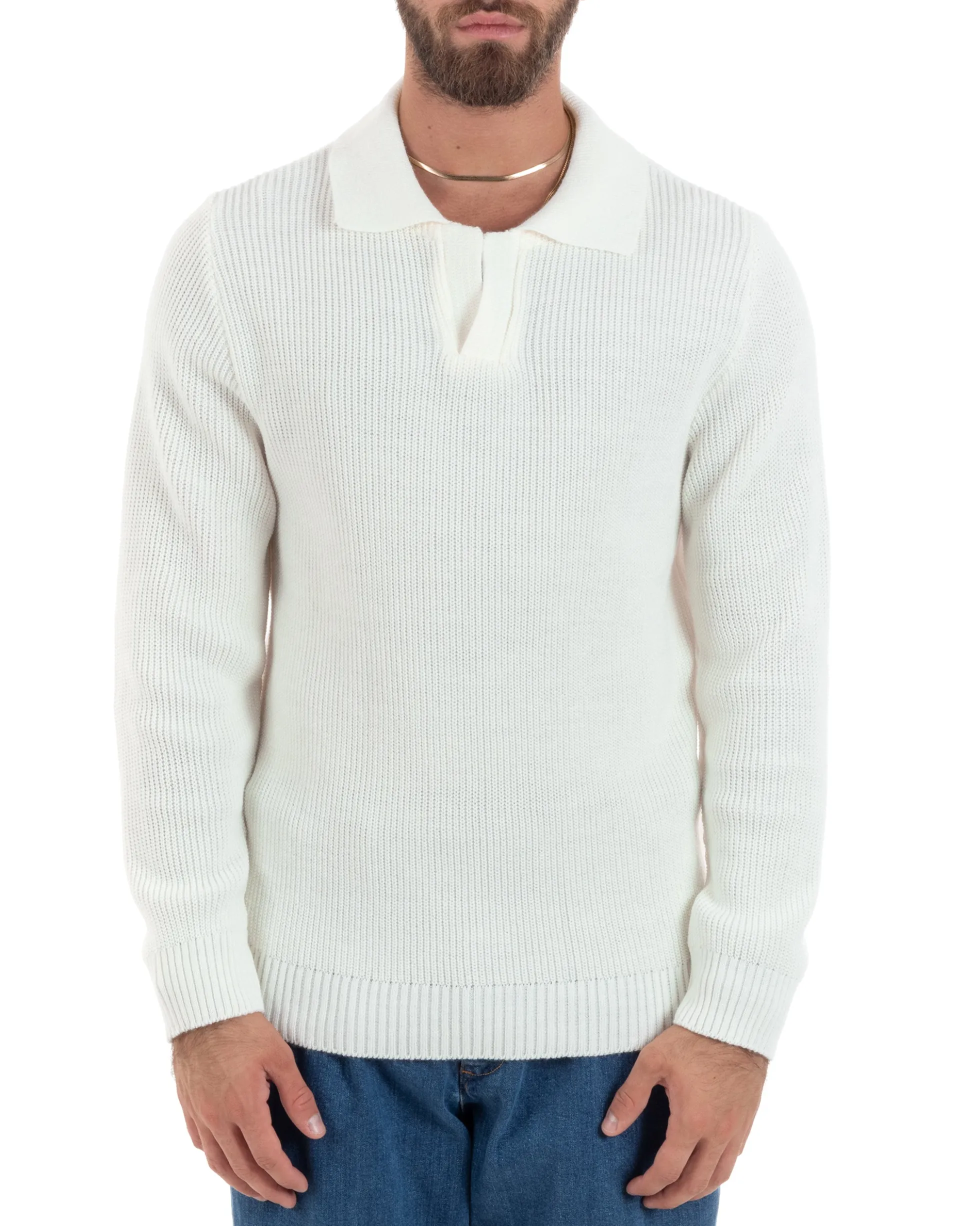 Maglioncino Uomo Con Colletto Maglia Inglese Scollo V Polo Derby Casual Basic Tinta Unita Panna GIOSAL-M2888A
