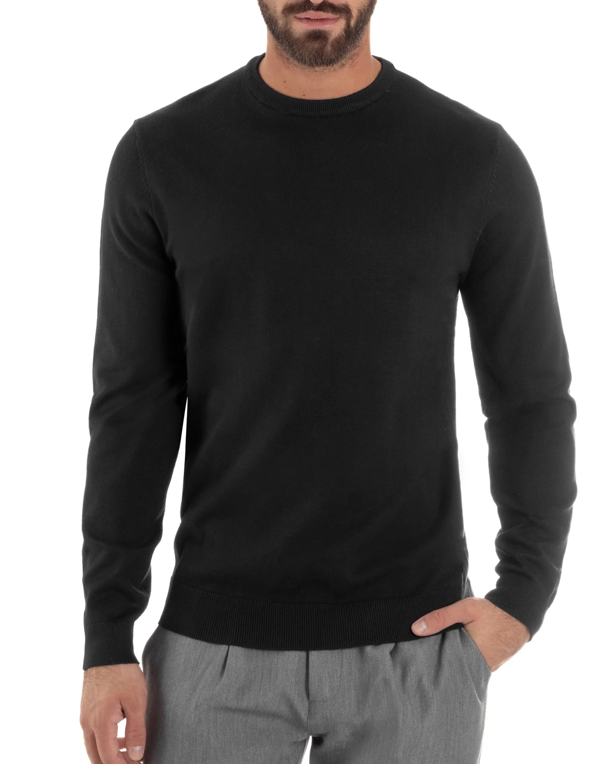 Maglioncino Uomo Girocollo Maglia Rasata Basic Nero M2508A