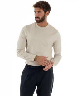 Maglioncino Uomo Girocollo Maglia Rasata Basic Beige M2512A