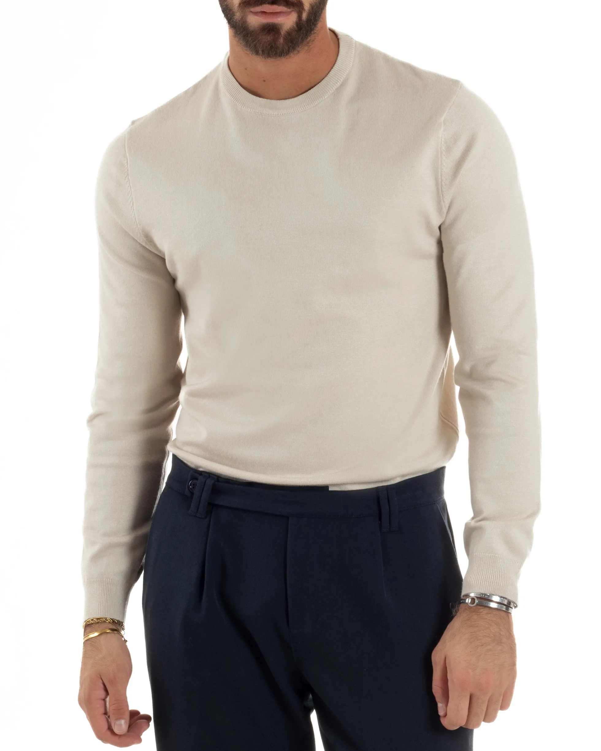 Maglioncino Uomo Girocollo Maglia Rasata Basic Beige M2512A