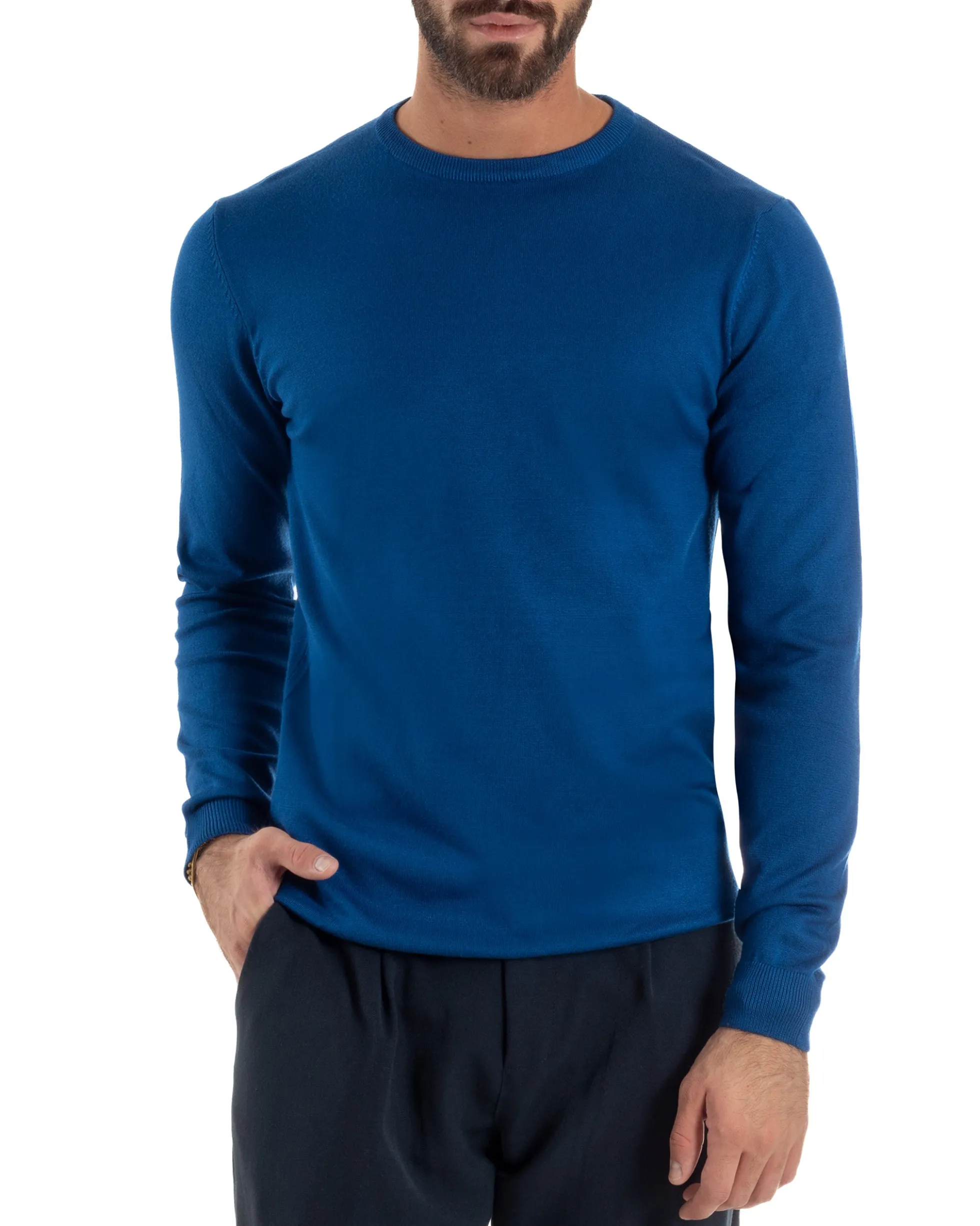 Maglioncino Uomo Girocollo Maglia Rasata Basic Blu Royal M2502A