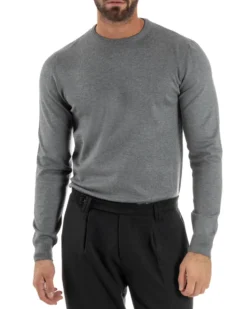 Maglioncino Uomo Girocollo Maglia Rasata Basic Grigio Chiaro M2507A
