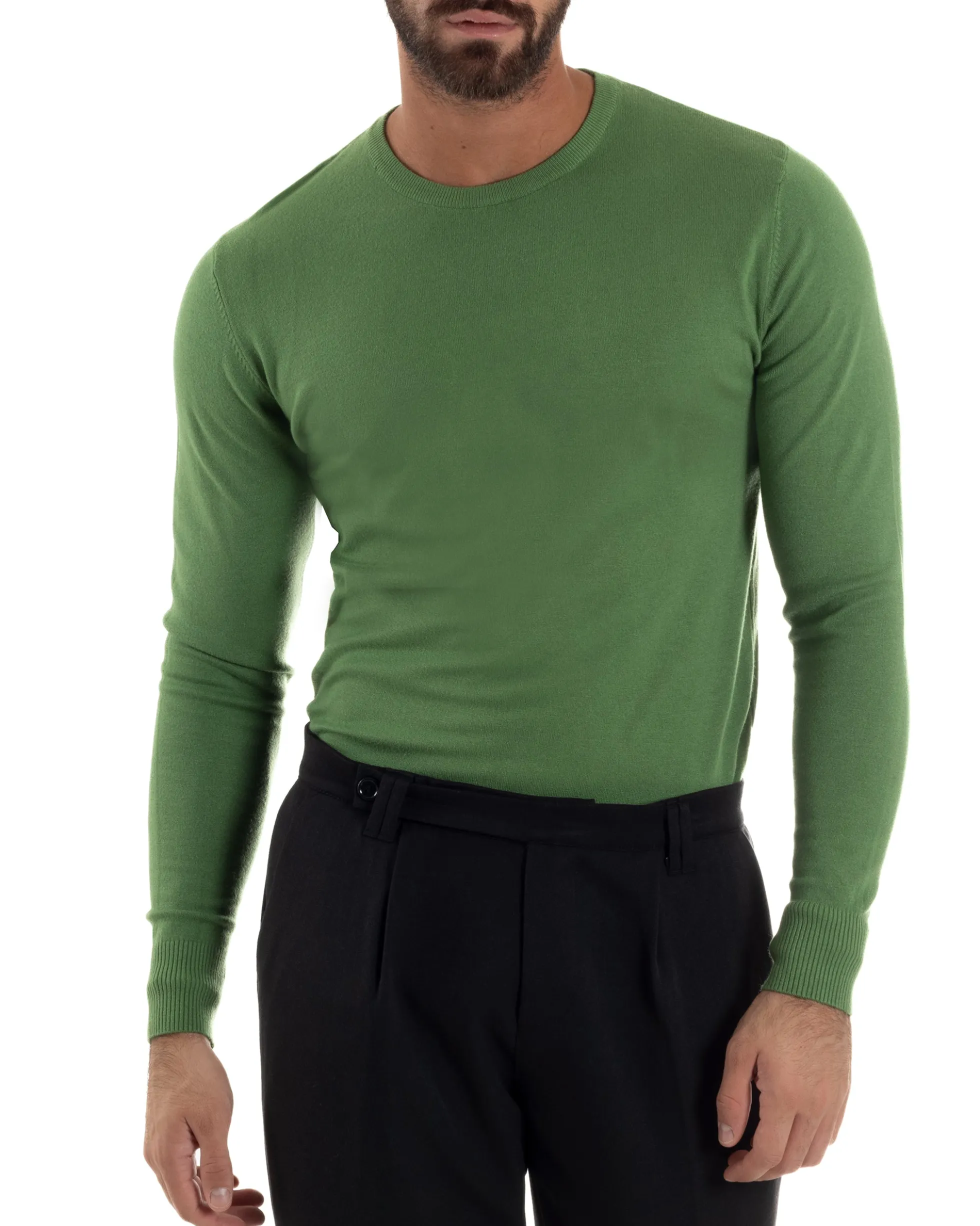 Maglioncino Uomo Girocollo Maglia Rasata Basic Verde Oliva M2495A