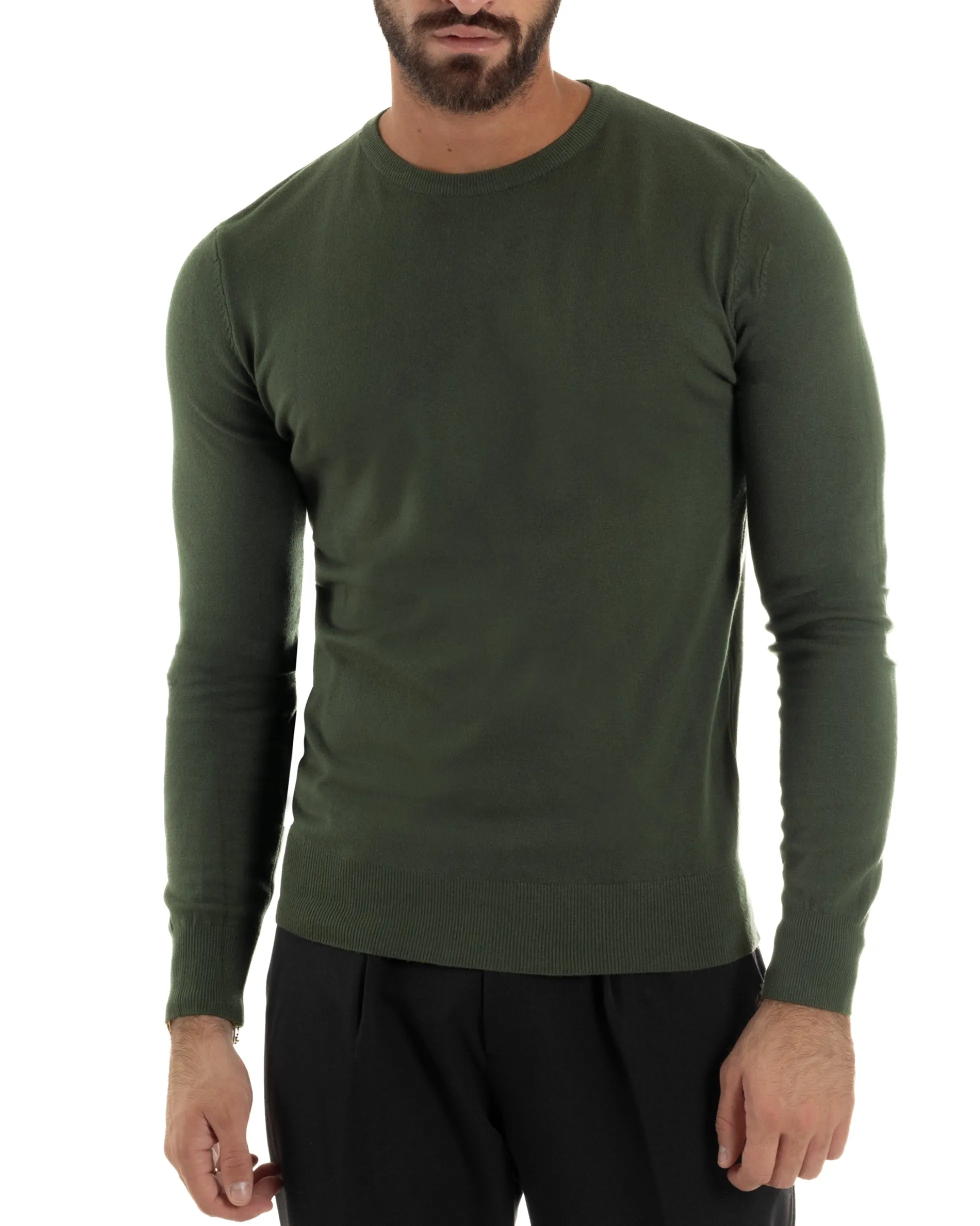 Maglioncino Uomo Girocollo Maglia Rasata Basic Verde Militare M2496A