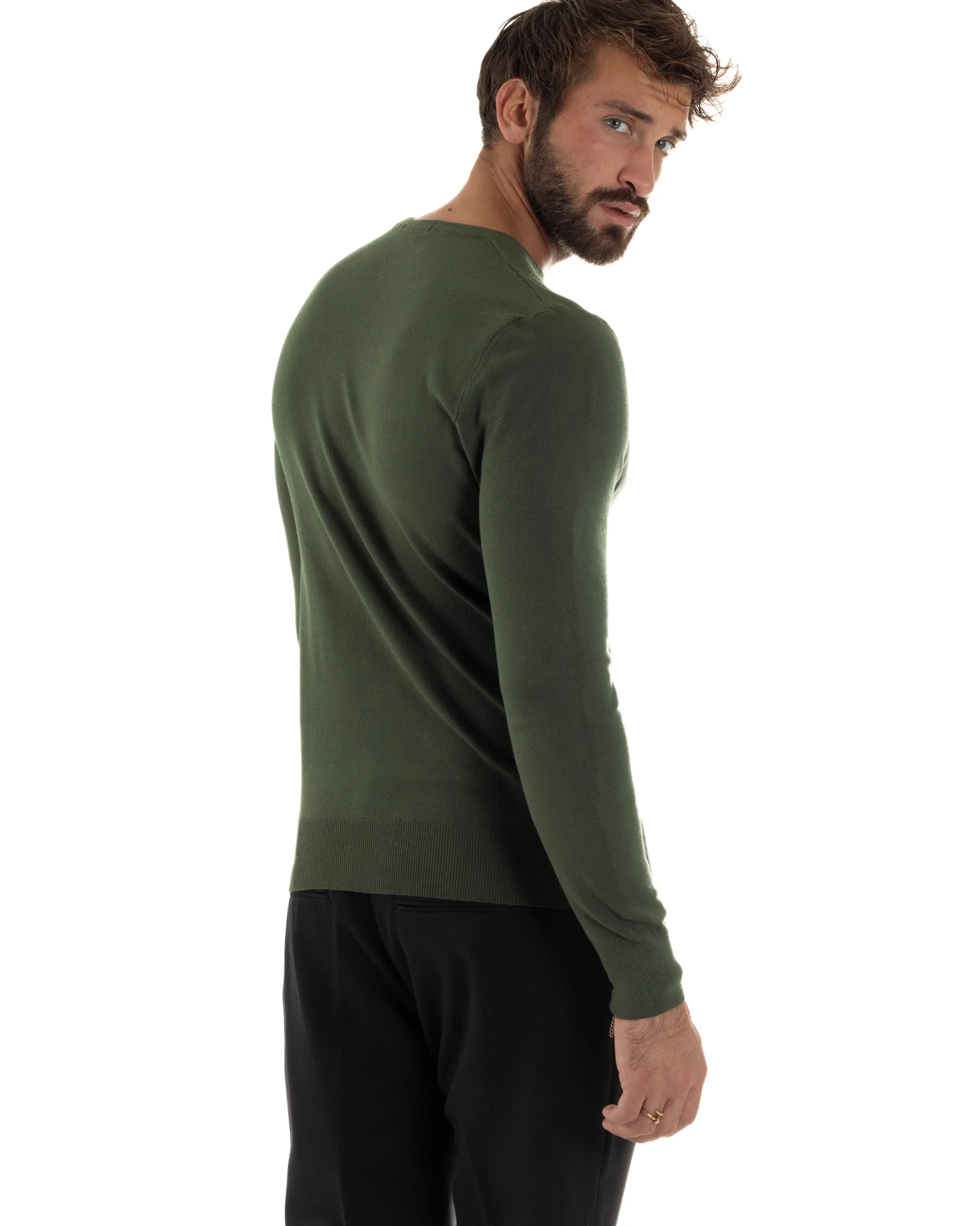Maglioncino Uomo Girocollo Maglia Rasata Basic Verde Militare M2496A
