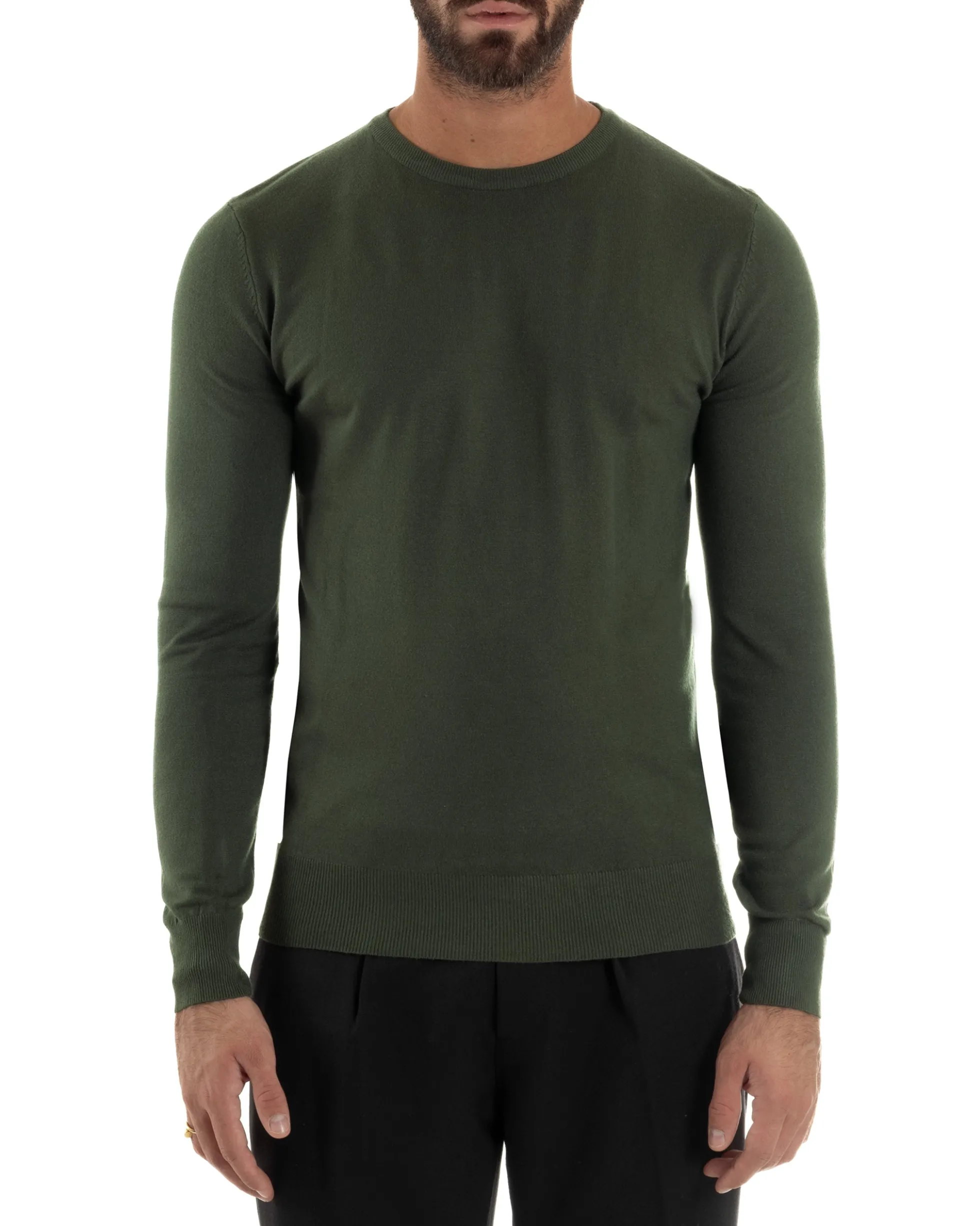 Maglioncino Uomo Girocollo Maglia Rasata Basic Verde Militare M2496A