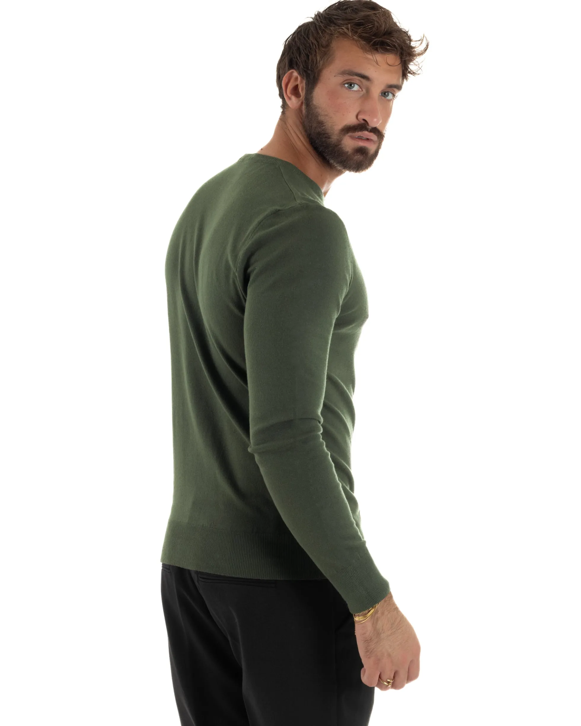 Maglioncino Uomo Girocollo Maglia Rasata Basic Verde Militare M2496A