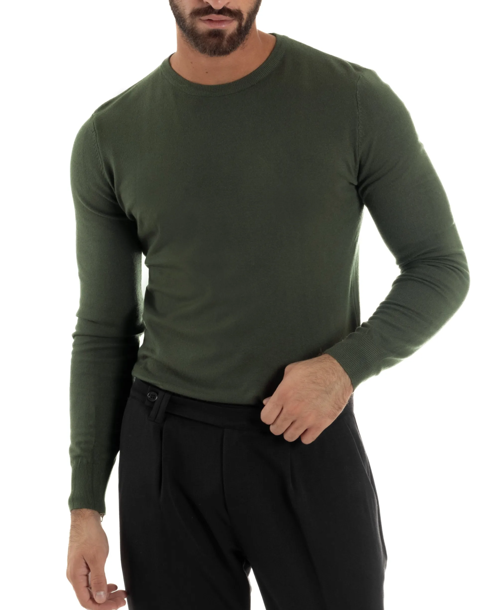 Maglioncino Uomo Girocollo Maglia Rasata Basic Verde Militare M2496A